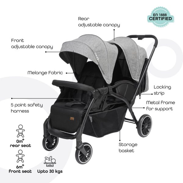 Moon – Dois Foldable Twin Stroller – Grey