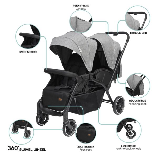 Moon – Dois Foldable Twin Stroller – Grey