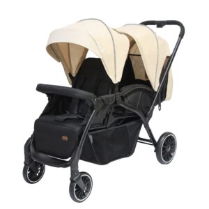 Teknum Story Twin Stroller for 6M-3Y – Compact Double Baby Pram, Dual Recline, Linen Cushioned, Easy Fold, Foot Locks, Canopy – Dark Grey