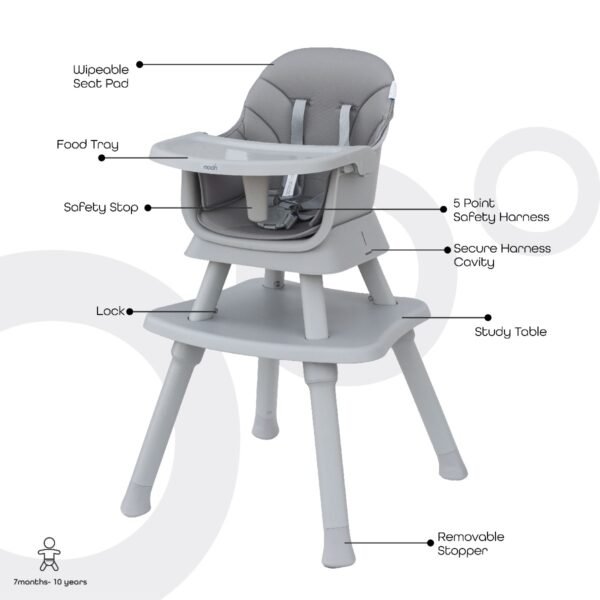 Moon – 6-in-1 High Chair With Safety Harness and Belt – Grey