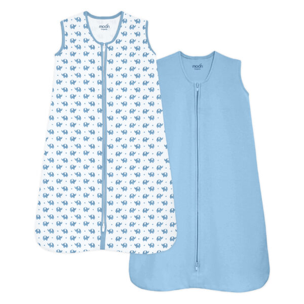 Moon – Organic Baby Sleep Sack Pack Of 2 (Large) – Blue & White With Elephant Print