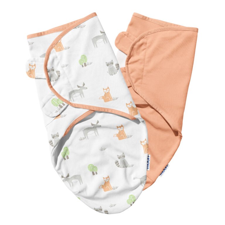 Moon - Organic Baby Swaddle, Pack Of 2 (Small & Large) - Peach And White With Forest Print