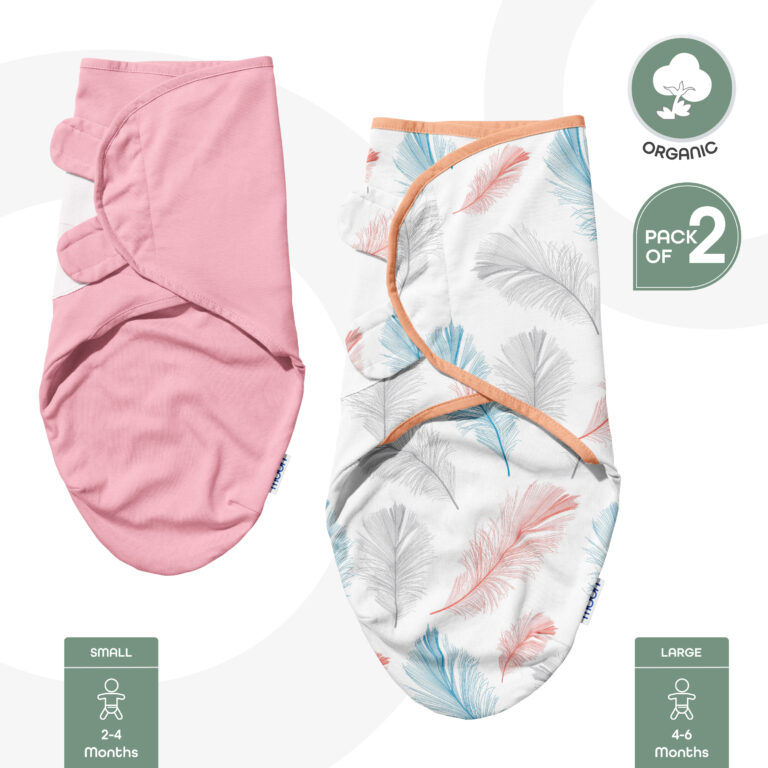 Moon - Organic Baby Swaddle, Pack Of 2 (Small & Large) - Pink & White With Feather Print