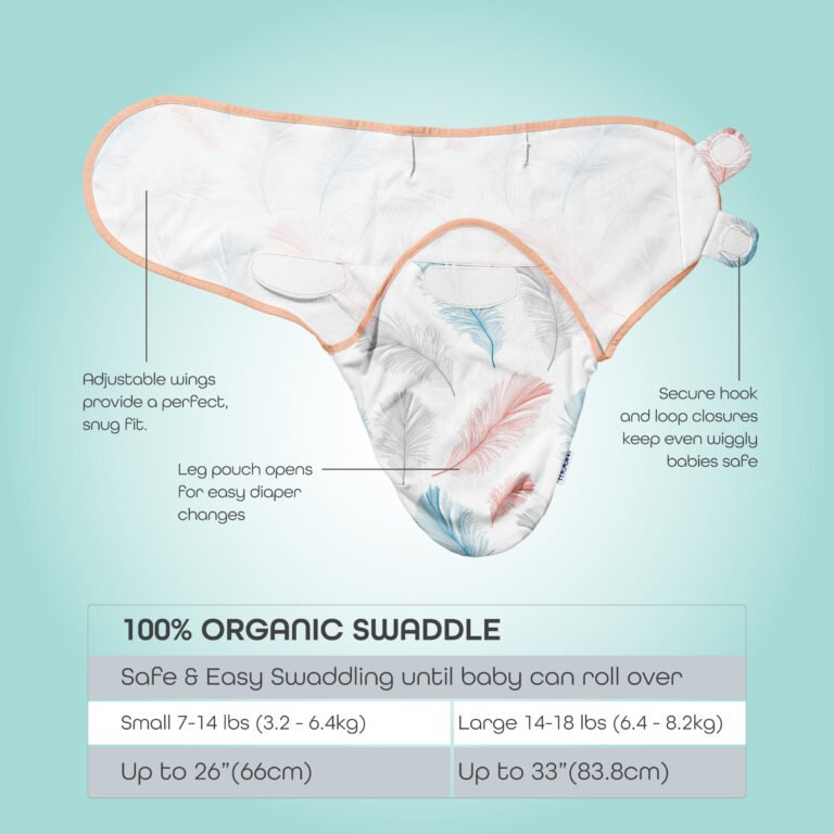 Moon - Organic Baby Swaddle, Pack Of 2 (Small & Large) - Pink & White With Feather Print