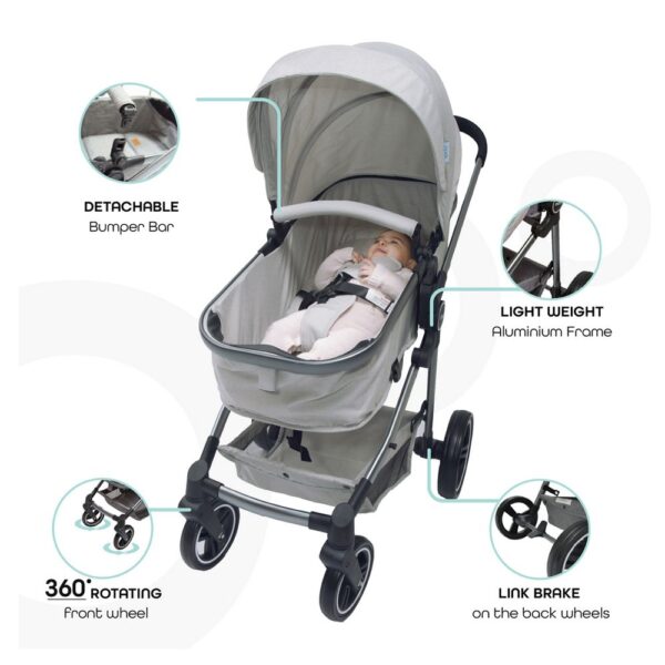 Moon- Pro 2 in 1 Convertible to Carrycot, Reversable Stroller – Grey