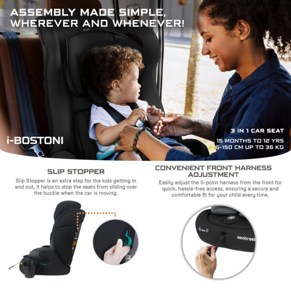 Neobreez -I-BOSTONI Universal Baby/Kids/Child/Toddler Safety 3-In-1 Car Seat – Black/Dark Gray