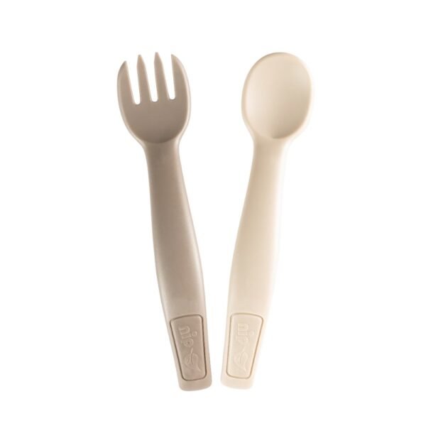 Nip – Bio-Based Spoon & Fork Set 9M+ | Easy Grip Baby Cutlery – Grey