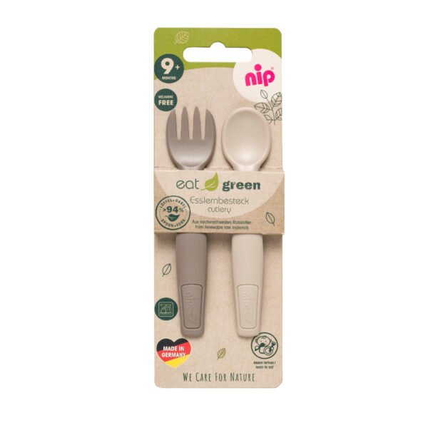 Nip – Bio-Based Spoon & Fork Set 9M+ | Easy Grip Baby Cutlery – Grey