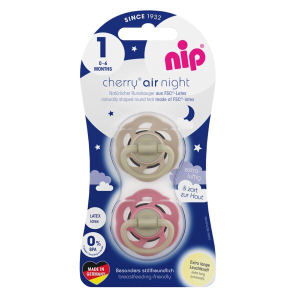Nip Cherry Air Night Soother,Glow in the Dark Pacifier,0-6M,2pc, Brown & Red