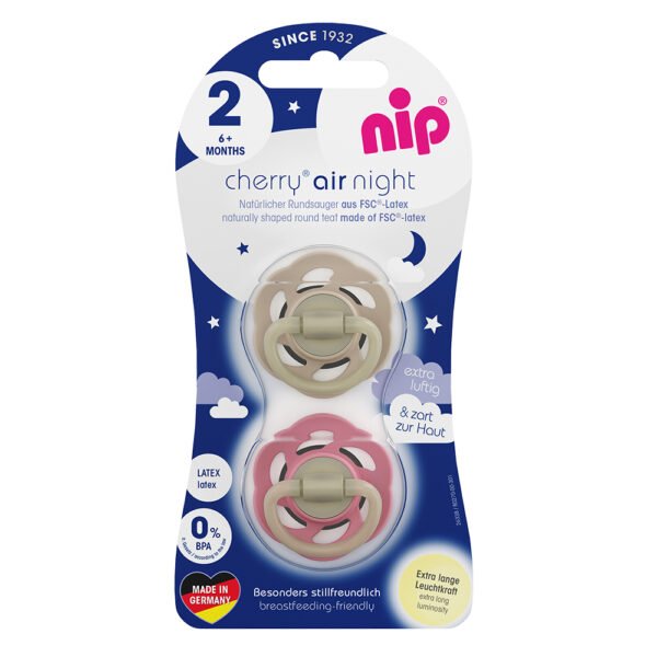 Nip – Cherry Air Night Soother,Glow in the Dark Pacifier,6M+,2pc,Brown & Red