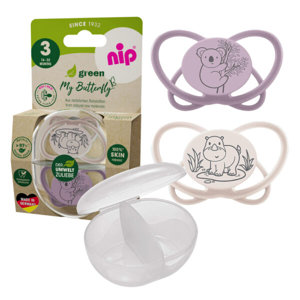 Nip – Green Eco Butterfly Soother 16-32M, 2pcs – Ultra-Light Silicone, with Sterilizer Case