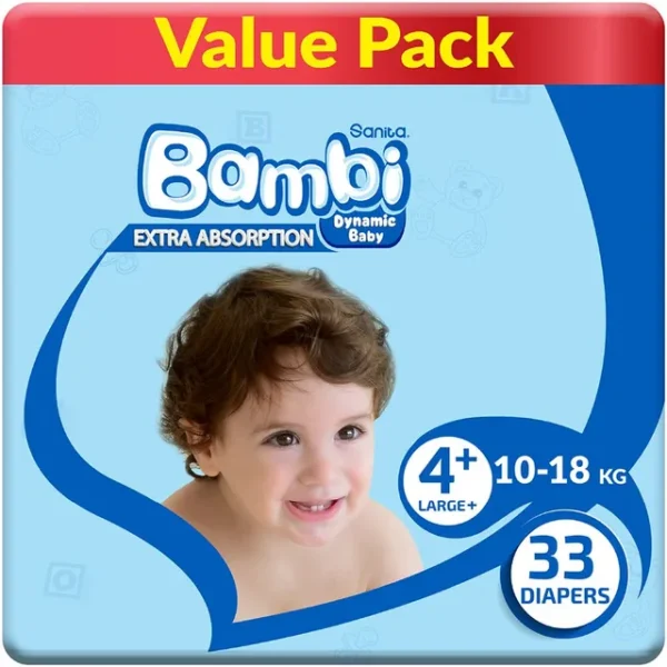 Sanita Bambi – Baby Diapers Value Pack Size 4+, Large plus, 10-18 KG, 33 Count