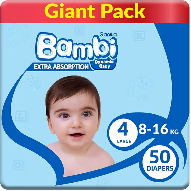 Sanita Bambi - Baby Diapers Giant Pack Size 4, Large, 8-16 KG, 50 Count