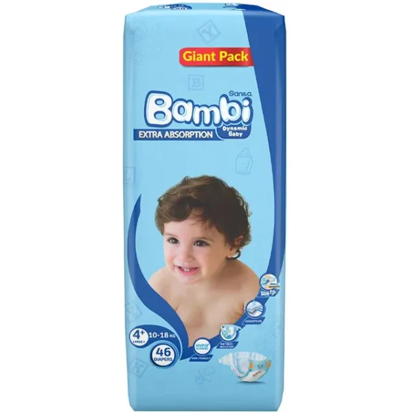 Sanita Bambi – Baby Diapers Giant Pack Size 4+, Large plus, 10-18 KG, 46 Count