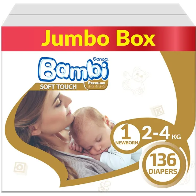 Sanita Bambi - Baby Diapers Jumbo Box Size 1, New Born, 2-4 KG, 136 Count