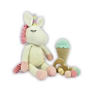 Pikkaboo - Snuggle & Play Crochet Unicorn Toy With Rattle & Teether