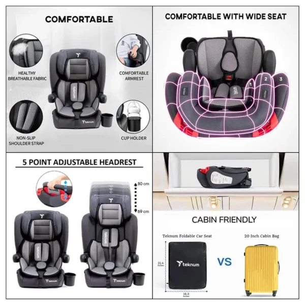 Teknum – Pack and Go Foldable Car Seat w/ Ace Diaper Bag – Grey