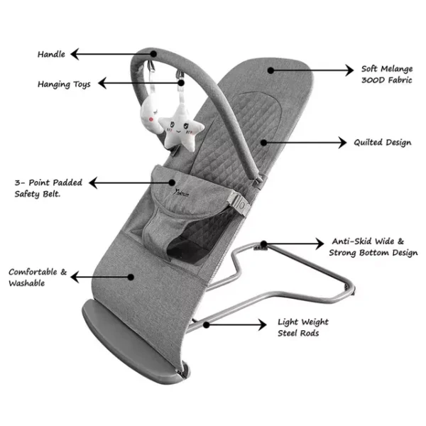 Teknum 3-Stage Baby Bouncer with Adjustable Recliner Seat – Soft Melange Fabric, Padded Safety Belt, 0m+ – Grey