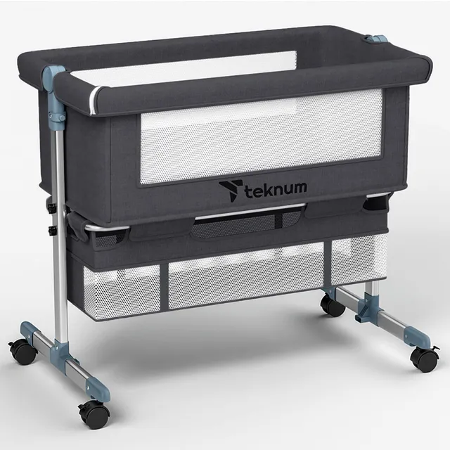 Teknum Dark Grey Moonlight Bedside Crib with Adjustable Height & Mesh Sides, Under-Bed Storage, Anti-Reflux & Rocker Mode