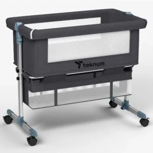 Teknum Dark Grey Moonlight Bedside Crib with Adjustable Height & Mesh Sides, Under-Bed Storage, Anti-Reflux & Rocker Mode