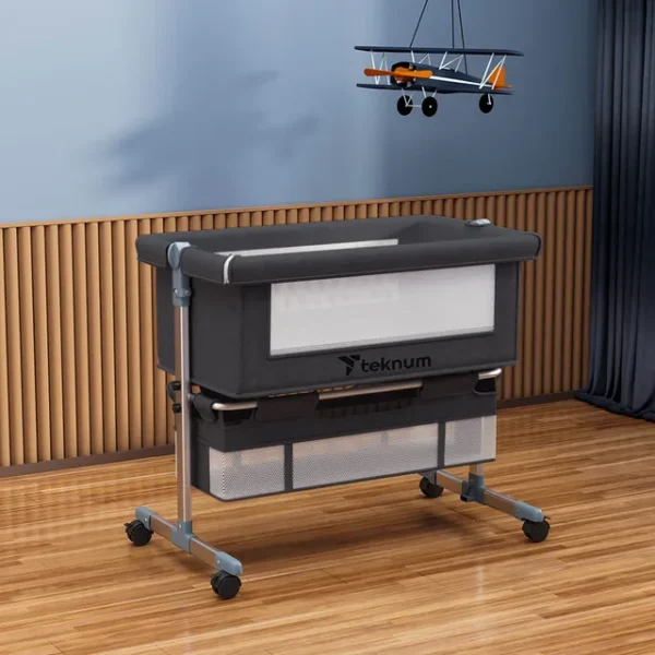 Teknum Dark Grey Moonlight Bedside Crib with Adjustable Height & Mesh Sides, Under-Bed Storage, Anti-Reflux & Rocker Mode