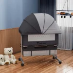 Teknum Dark Grey Moonlight Bedside Crib with Adjustable Height & Mesh Sides, Under-Bed Storage, Anti-Reflux & Rocker Mode