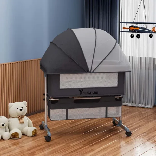 Teknum Dark Grey Moonlight Bedside Crib with Adjustable Height & Mesh Sides, Under-Bed Storage, Anti-Reflux & Rocker Mode