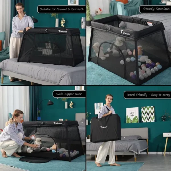 Teknum – Portable Quick fold Playard & Cot with Zipper Door & Carry Bag – Midnight Black