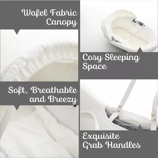 Teknum - Infant Wicker Moses Basket with White Waffle Beddings - Wooden Grey
