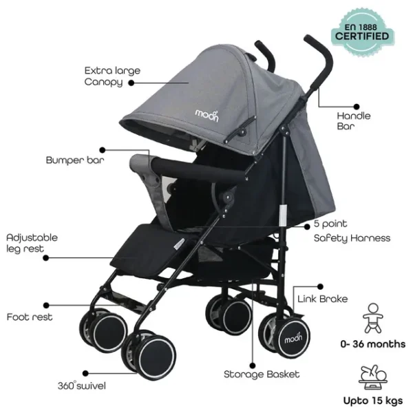 Moon Neo Plus Lightweight Stroller, 0-36m, Black Grey Dots with X-Large Canopy & Compact Fold