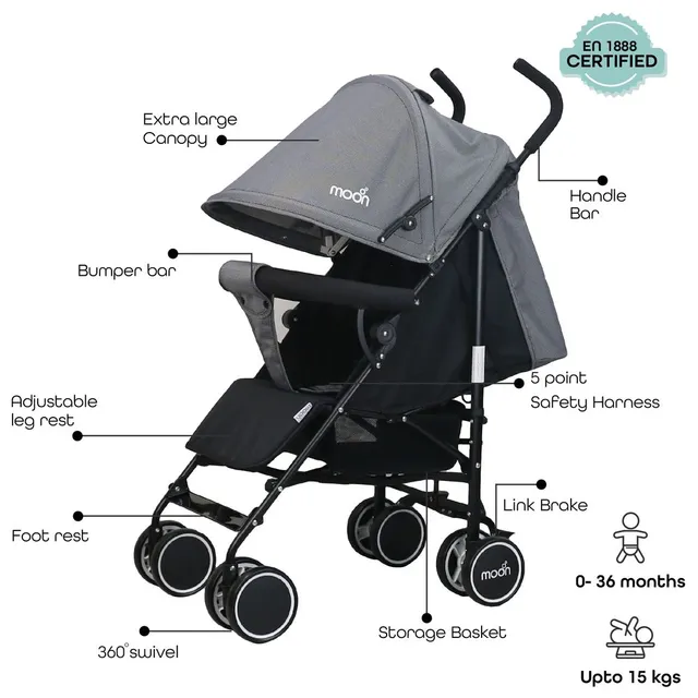 Moon Neo Plus Lightweight Stroller, 0-36m, Black Grey Dots with X-Large Canopy & Compact Fold