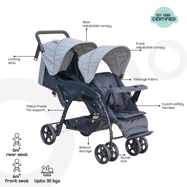 Moon – Dois Foldable Twin Stroller – Grey