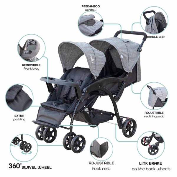 Moon – Dois Foldable Twin Stroller – Grey
