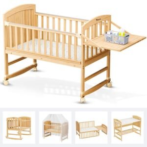 Teknum - 7in1 Convertible Kids Bed & Bedside Crib w/Mattress - Natural Wood