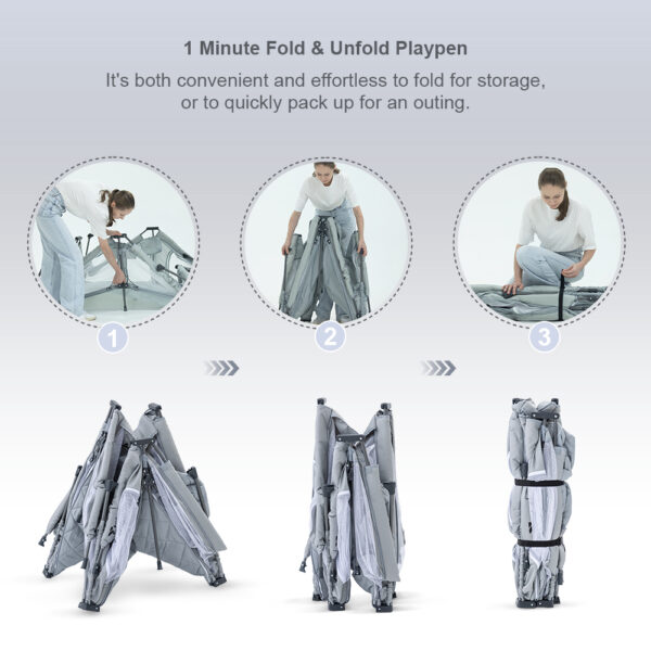 Teknum One – Minute Fold – Unfold Playpen, Large 150 x 180 cm with Mattress and Balls – Grey