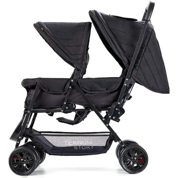 Teknum Story Twin Stroller for 6M-3Y – Compact Double Baby Pram, Dual Recline, Linen Cushioned, Easy Fold, Foot Locks, Canopy – Black
