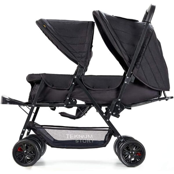 Teknum Story Twin Stroller for 6M-3Y – Compact Double Baby Pram, Dual Recline, Linen Cushioned, Easy Fold, Foot Locks, Canopy – Black