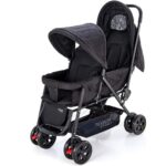 Teknum Story Twin Stroller for 6M-3Y – Compact Double Baby Pram, Dual Recline, Linen Cushioned, Easy Fold, Foot Locks, Canopy – Black