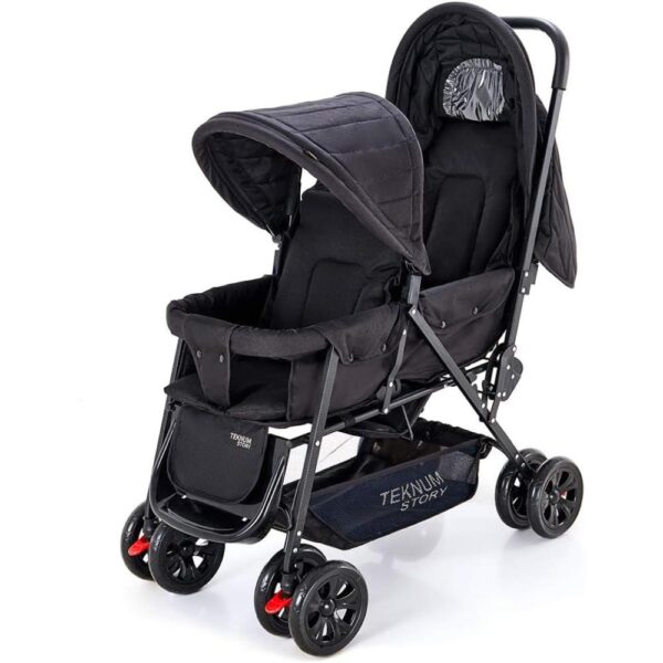 Teknum Story Twin Stroller for 6M-3Y – Compact Double Baby Pram, Dual Recline, Linen Cushioned, Easy Fold, Foot Locks, Canopy – Black