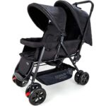 Teknum Story Twin Stroller for 6M-3Y – Compact Double Baby Pram, Dual Recline, Linen Cushioned, Easy Fold, Foot Locks, Canopy – Black