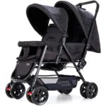 Teknum Story Twin Stroller for 6M-3Y – Compact Double Baby Pram, Dual Recline, Linen Cushioned, Easy Fold, Foot Locks, Canopy – Black