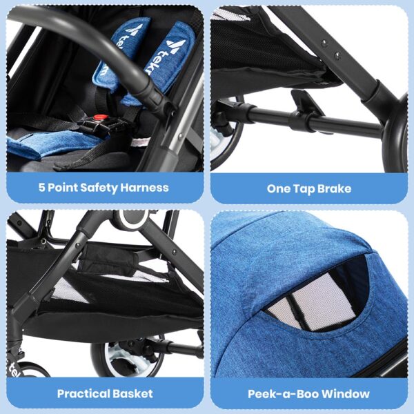 Teknum Travel Cabin Stroller with Extra Wide Canopy, Reclining Seat, Breathable Fabric – Blue, 0m+ – 22kg