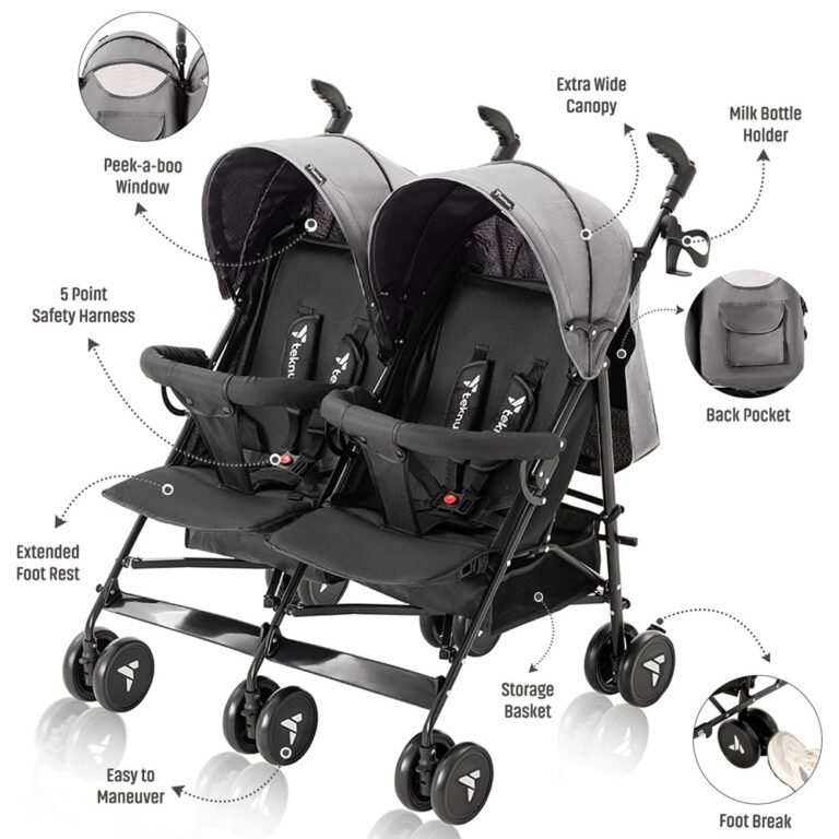 Teknum Story Twin Stroller for 6M-3Y - Compact Double Baby Pram, Dual Recline, Linen Cushioned, Easy Fold, Foot Locks, Canopy - Dark Grey