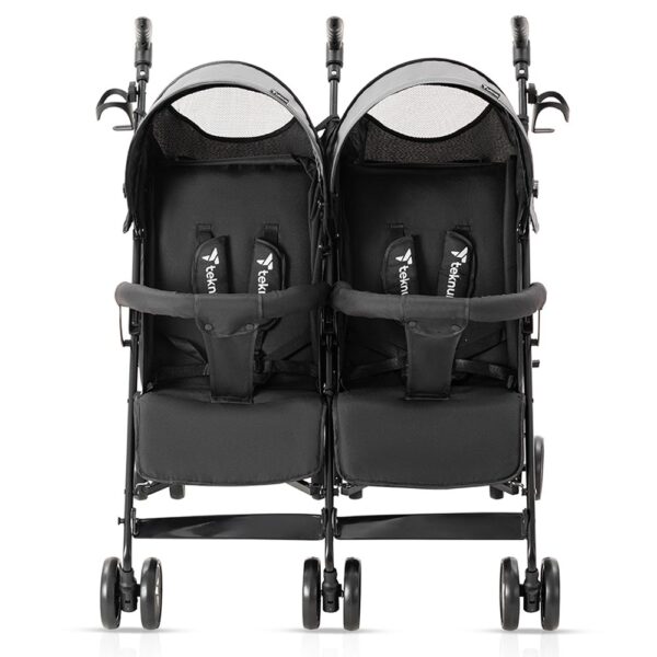 Teknum Story Twin Stroller for 6M-3Y – Compact Double Baby Pram, Dual Recline, Linen Cushioned, Easy Fold, Foot Locks, Canopy – Dark Grey