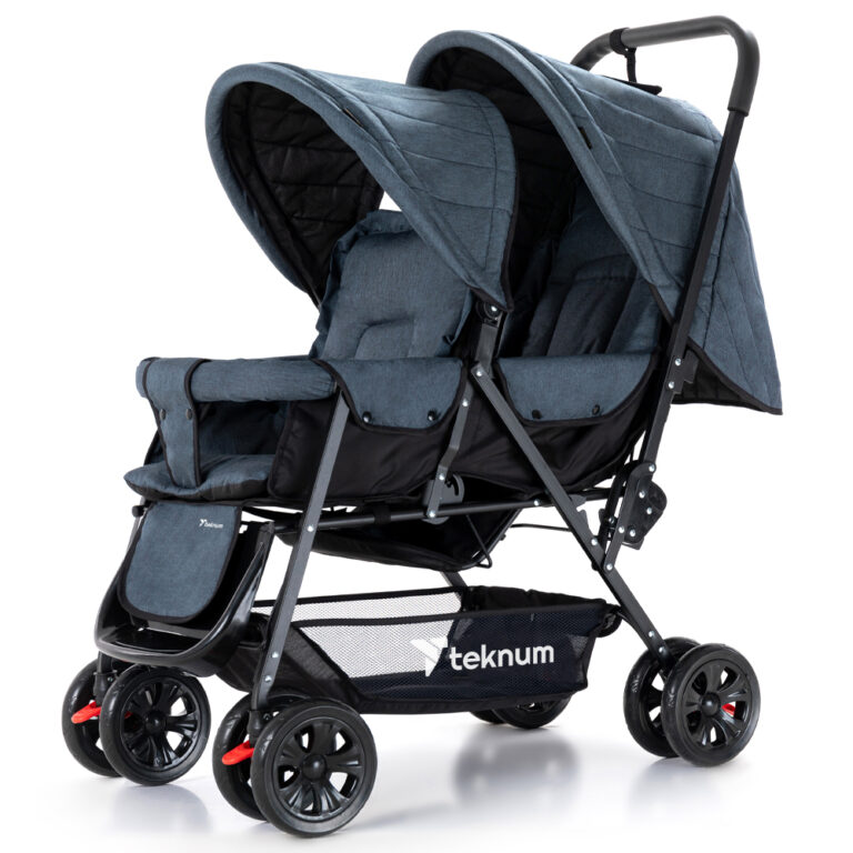 Teknum Story Twin Stroller for 6M-3Y - Compact Double Baby Pram, Dual Recline, Linen Cushioned, Easy Fold, Foot Locks, Canopy - Navy Blue