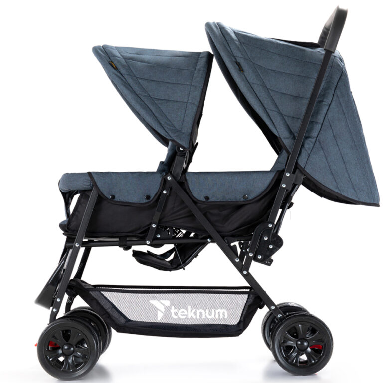 Teknum Story Twin Stroller for 6M-3Y - Compact Double Baby Pram, Dual Recline, Linen Cushioned, Easy Fold, Foot Locks, Canopy - Navy Blue