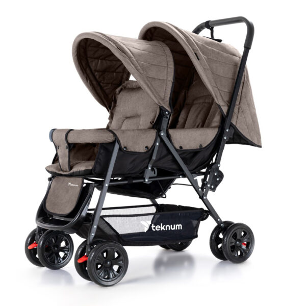 Teknum Story Twin Stroller for 6M-3Y – Compact Double Baby Pram, Dual Recline, Linen Cushioned, Easy Fold, Foot Locks, Canopy – Khaki