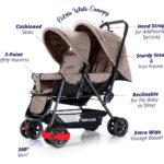 Teknum Story Twin Stroller for 6M-3Y – Compact Double Baby Pram, Dual Recline, Linen Cushioned, Easy Fold, Foot Locks, Canopy – Khaki