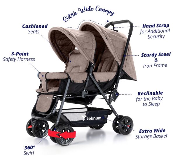 Teknum Story Twin Stroller for 6M-3Y – Compact Double Baby Pram, Dual Recline, Linen Cushioned, Easy Fold, Foot Locks, Canopy – Khaki