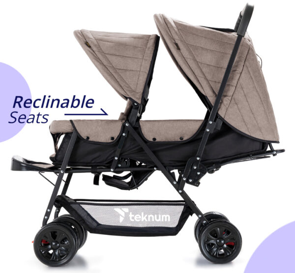 Teknum Story Twin Stroller for 6M-3Y – Compact Double Baby Pram, Dual Recline, Linen Cushioned, Easy Fold, Foot Locks, Canopy – Khaki